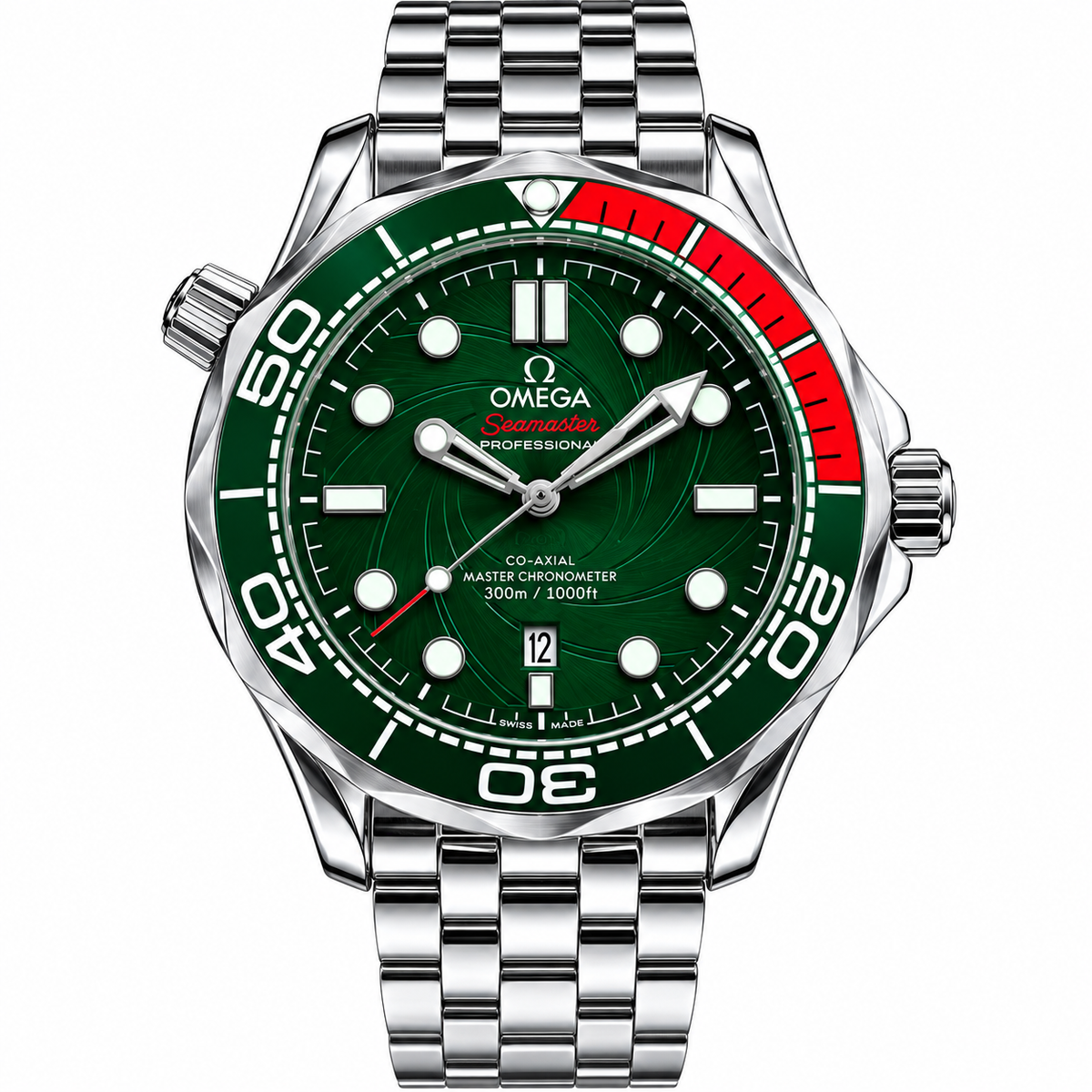 Luxury-style men's green dive watch with metal bracelet