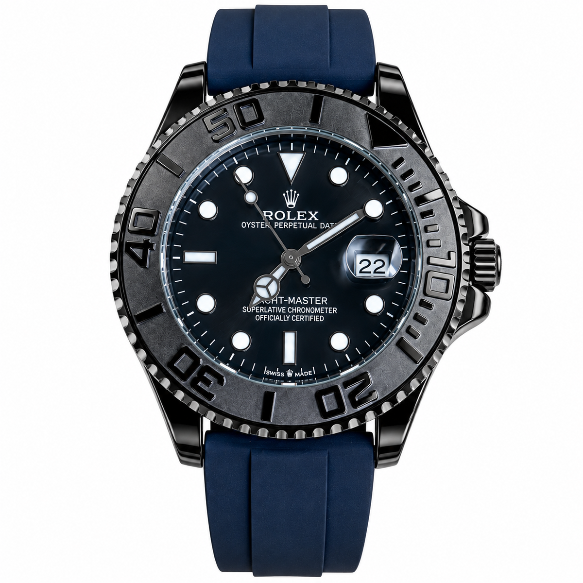Luxury Yacht-Master Style Watch – Black Dial, Stainless Steel Bracelet & Rotating Bezel