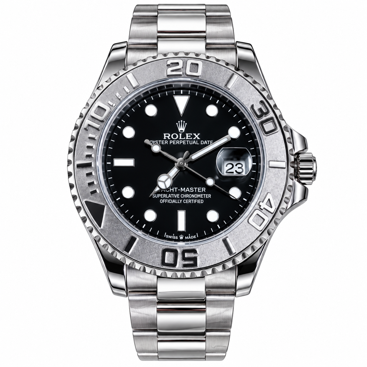 Luxury Yacht-Master Style Watch – Black Dial, Stainless Steel Bracelet & Rotating Bezel