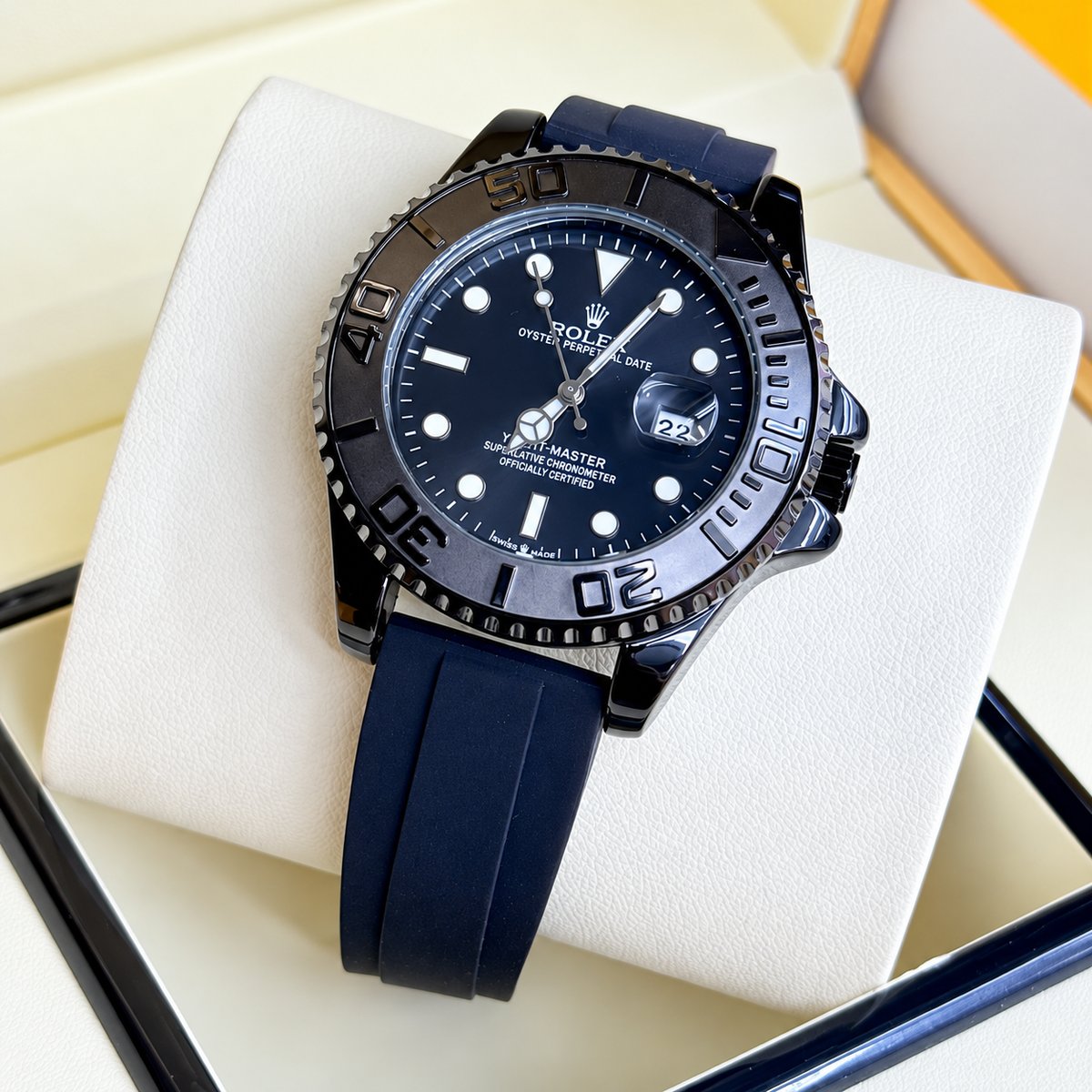 Luxury Yacht-Master Style Watch – Black Dial, Stainless Steel Bracelet & Rotating Bezel