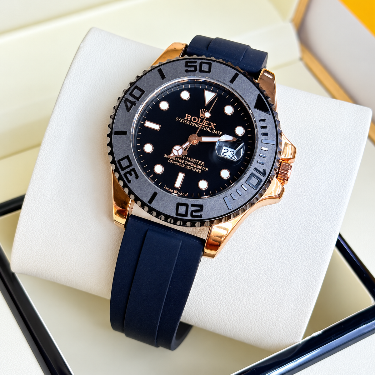 Luxury Yacht-Master Style Watch – Black Dial, Stainless Steel Bracelet & Rotating Bezel
