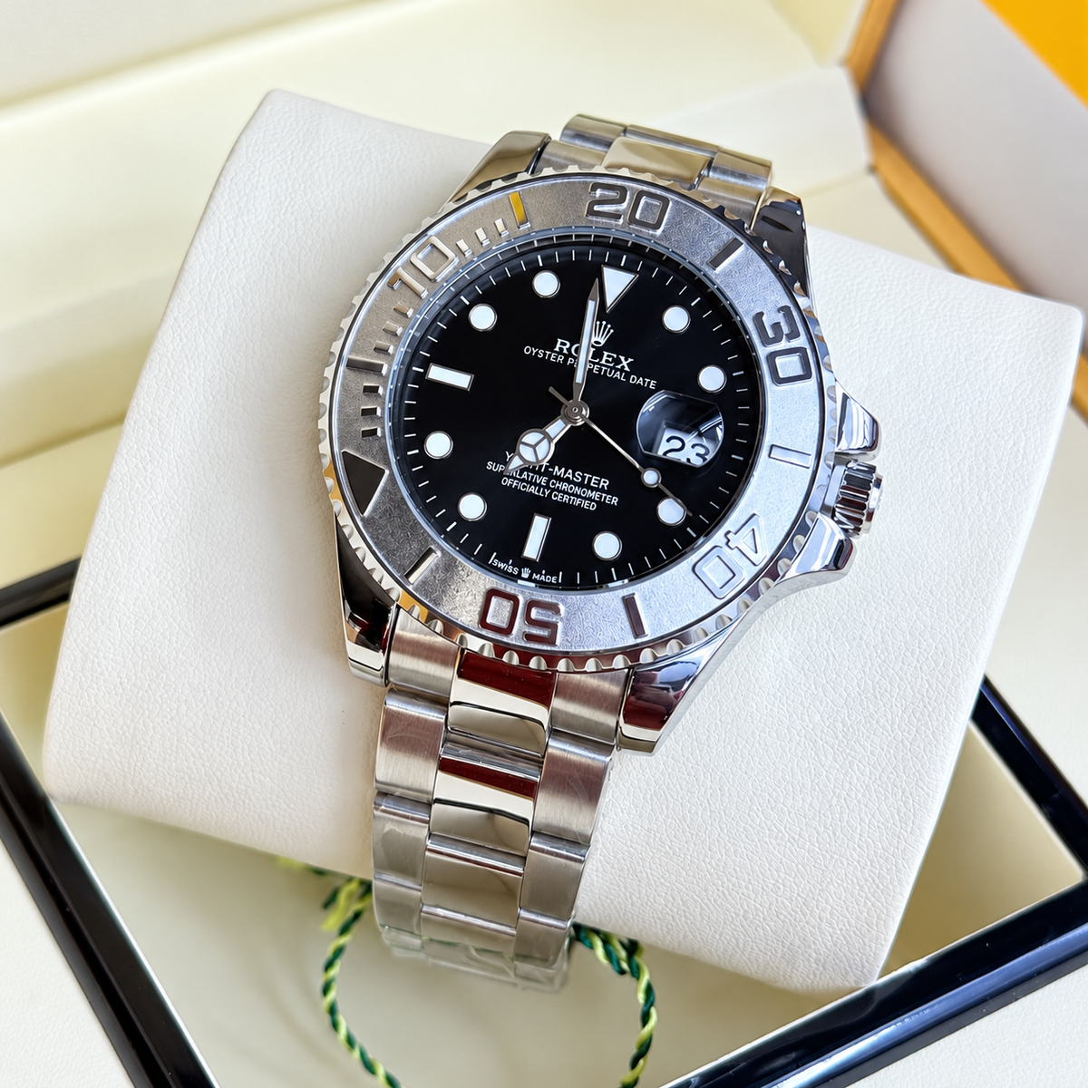 Luxury Yacht-Master Style Watch – Black Dial, Stainless Steel Bracelet & Rotating Bezel