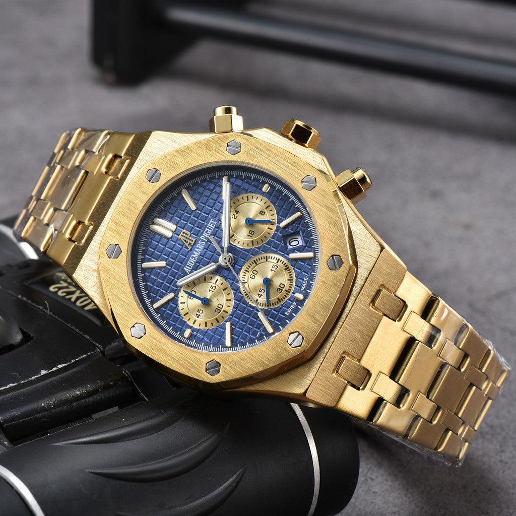 AP Royal Oak 6-Hand Chronograph Watch Man's Business Watches Luxury Stainless Steel Quartz Full Function Luminous Wristwatches